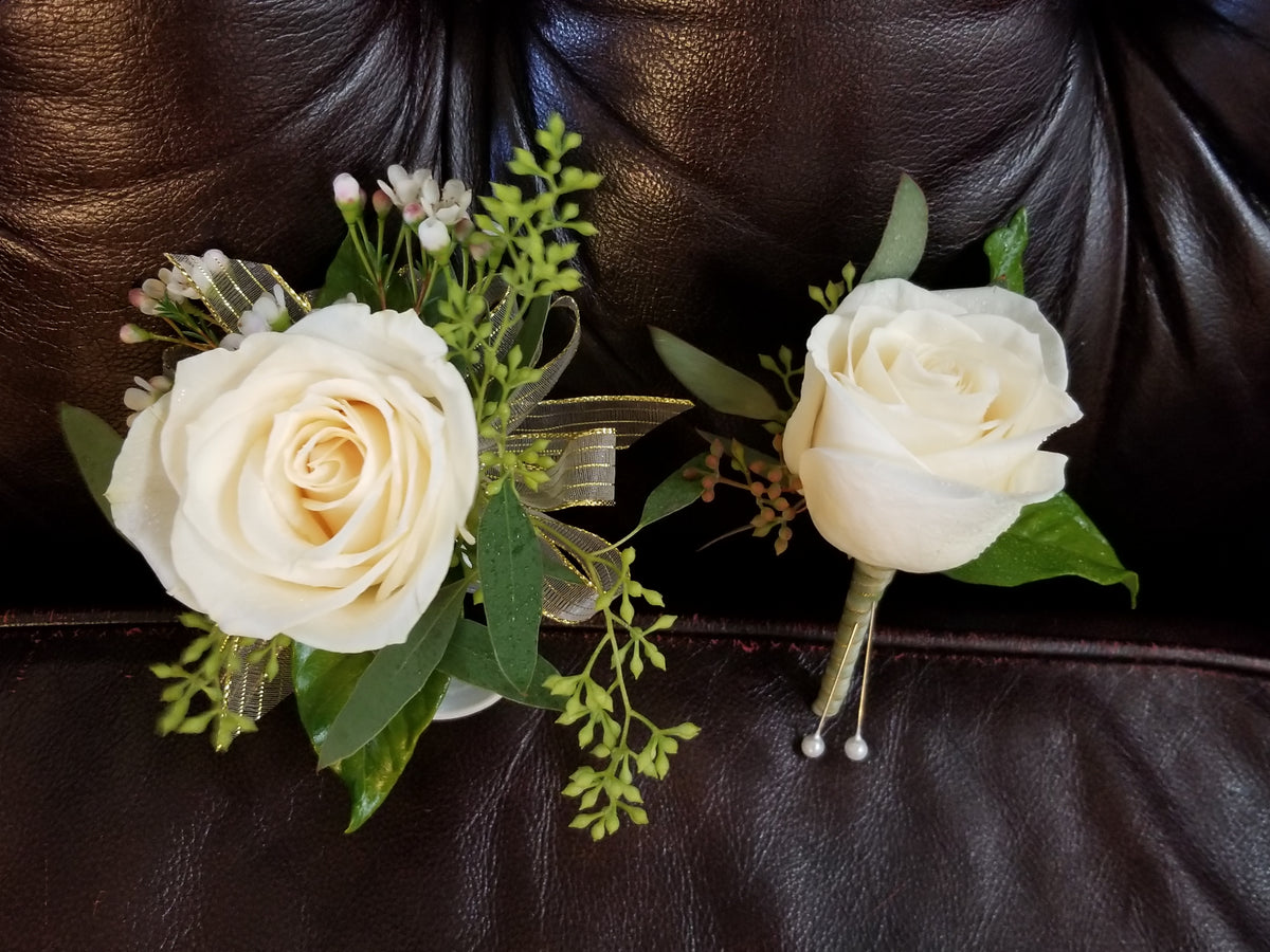 Boutonniere (White Rose & Gold Ribbon) by Bee's Flowers
