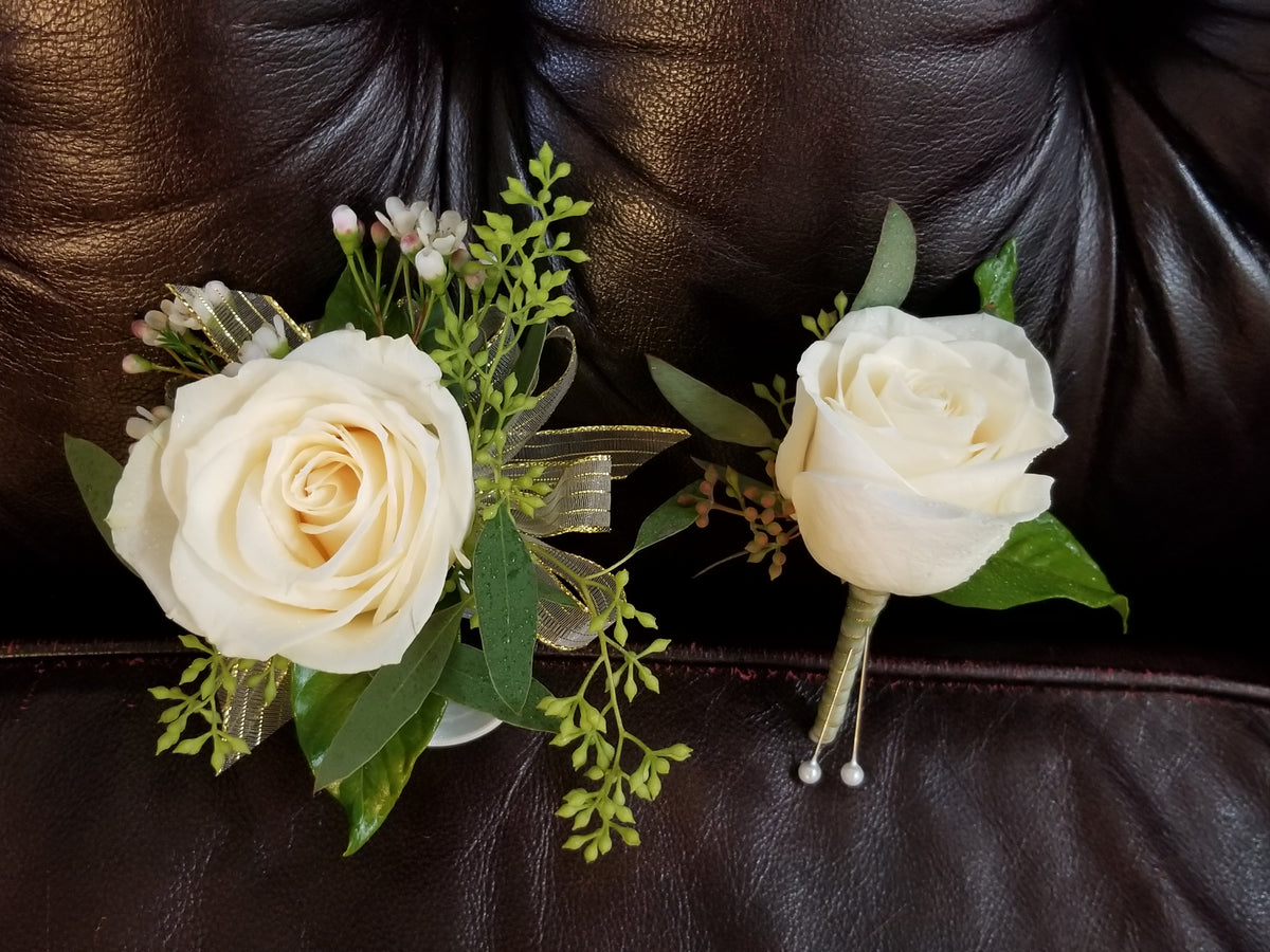 Boutonniere (White Rose & Gold Ribbon) in San Jose, CA