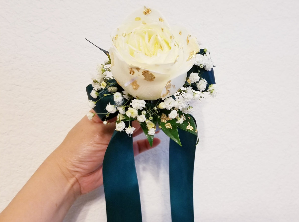 White Roses Corsage & Boutonniere with Long Dusty Blue Ribbon – LeLe Floral