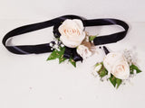 White Roses and Greenery Corsage & Boutonniere with Long Black Ribbon