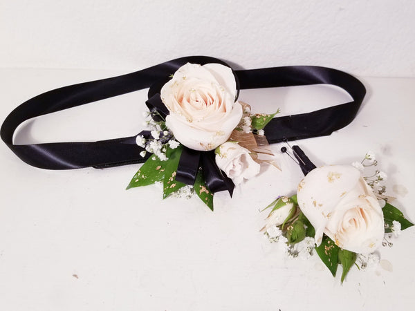 White Roses and Greenery Corsage & Boutonniere with Long Black Ribbon