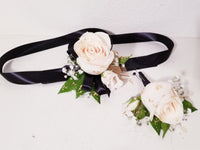 White Roses and Greenery Corsage & Boutonniere with Long Black Ribbon