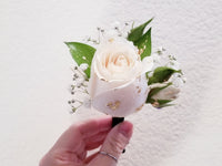 White Roses and Greenery Corsage & Boutonniere with Long Black Ribbon