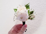 White Roses and Greenery Corsage & Boutonniere with Long Black Ribbon