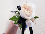 White Roses and Greenery Corsage & Boutonniere with Long Black Ribbon