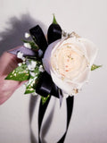 White Roses and Greenery Corsage & Boutonniere with Long Black Ribbon