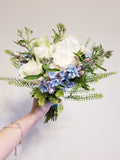 White and Blue Prom Bouquet & Matching Boutonniere