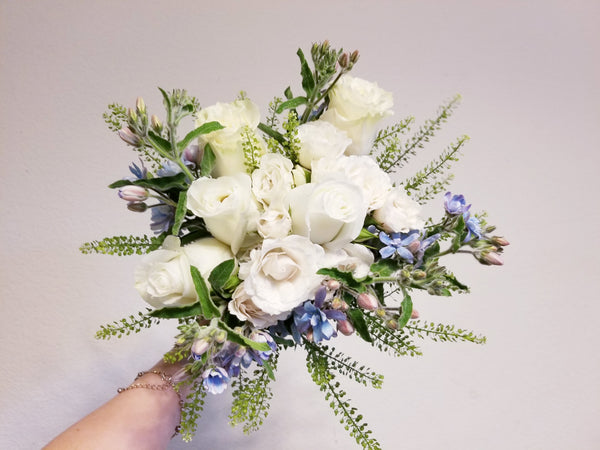 White and Blue Prom Bouquet & Matching Boutonniere