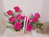 Dozen Hot Pink Fragrant Roses Handbag Arrangement