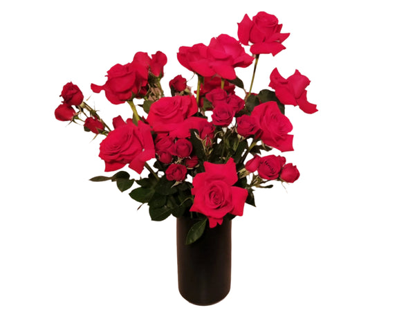 Morden Dozen Fragrant Red Roses and Spray Roses in Black Ceramic Vase