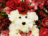 Introducing a fresh design for the beloved holiday dog! Crafted with vibrant carnations and aromatic greens, complete with a charming hat, this cheerful canine embodies the essence of the season. Sending this arrangement is a delightful way to extend warm wishes of "Merry Everything!" to your cherished ones.