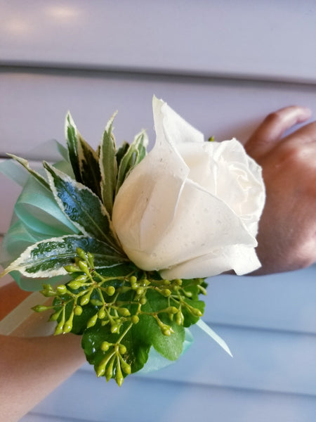 White Roses Corsage & Boutonniere with Long Dusty Blue Ribbon – LeLe Floral